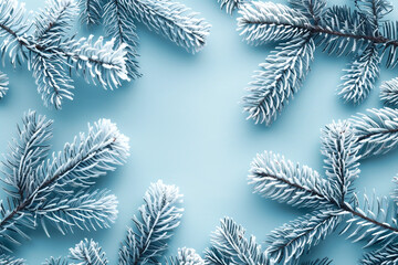 Frosted evergreen branches create a beautiful winter background during the holiday season.