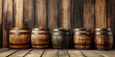 Rustic wooden backdrop with five vintage barrels arranged in a row, warm brown tones providing an inviting rustic feel for banner design.