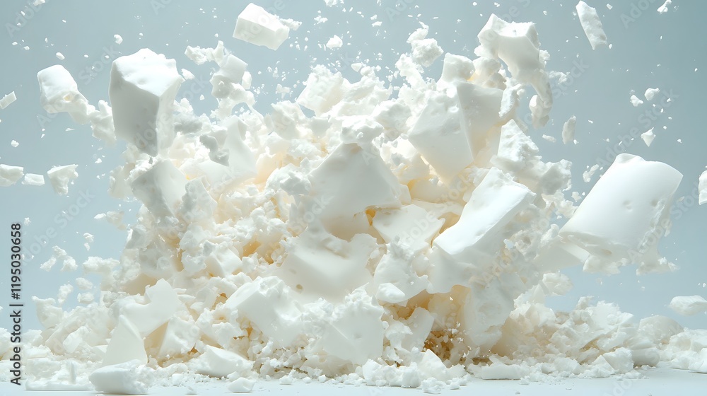 Poster explosive fragmentation of white foam blocks against a light background, capturing the dynamic motio