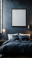 Urban bedroom with a contemporary canvas frame mockup featuring dark tones and modern decor