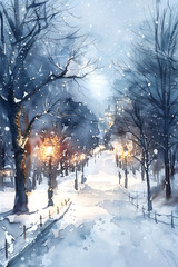 Snowy street illuminated by street lamps in a serene winter evening setting with falling snowflakes creating a magical atmosphere.
