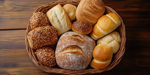 Assorted breads including a loaf and various buns in a wicker basket on a wooden surface showcasing warm tones and rustic textures