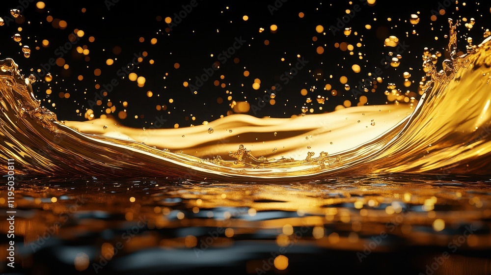 Poster liquid gold splashes dynamically against a dark backdrop, creating an eye-catching visual effect tha