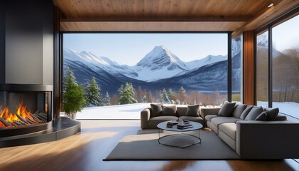 Fototapeta premium a close up of a modern luxurious and minimalist interior with the warmth of a fireplace the image features a snowy mountain with copy space