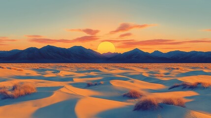 As the sun sets, the desert dunes radiate a warm orange hue, while distant mountains stand majestically, crafting a tranquil and serene landscape in this remote area