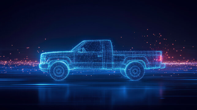 Futuristic Concept of a Truck Rendered in Digital Wireframe with Glowing Lines and Particles on a Dark Background