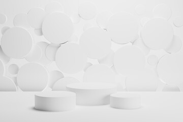 Three white round podiums on abstract stage mockup. Soft light shining flying circles decor. Template 3D illustration modern scene for presentation cosmetic products, goods, branding, sale, display.