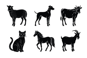 Animal silhouettes set. Domestic animals cat, dog, cow, horse, sheep, goat vector illustration
