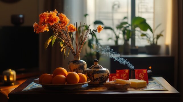 A traditional Chinese New Year offering table, with incense, red envelopes, oranges