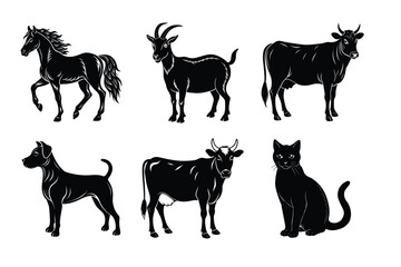 Animal silhouettes set. Domestic animals cat, dog, cow, horse, sheep, goat vector illustration