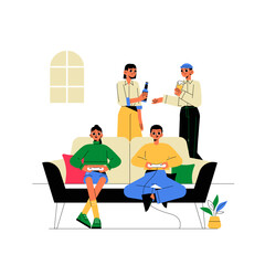 Group Of Friends Gaming And Chatting In Flat Vector Illustration Symbolizing Friendship, Leisure, And Modern Entertainment, Isolated On White Background.