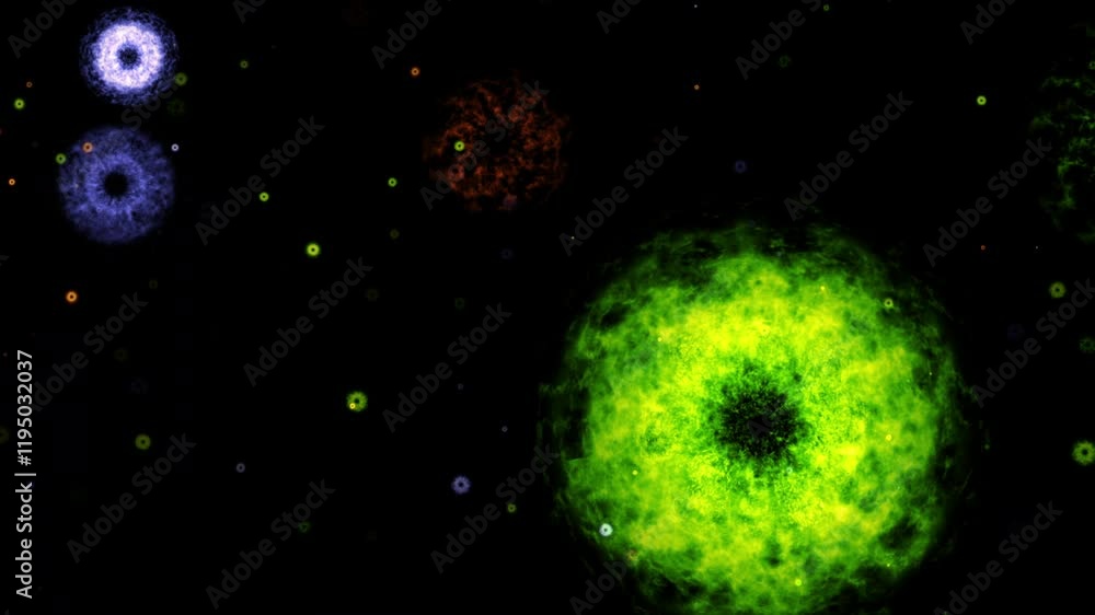 Poster animation loop explode glow green blue yellow particles falling down animation on black abstract bac