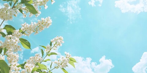 White bird cherry blossoms on green branches against a bright blue sky with fluffy white clouds and ample copy space in the upper right corner