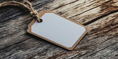 Blank name tag with a brown border resting on a textured wooden surface with warm tones and natural grain patterns highlighting rustic aesthetics.