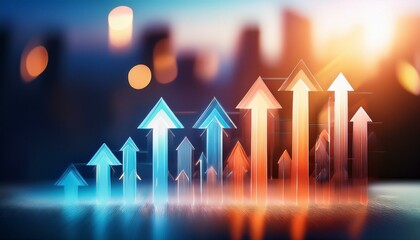 abstract blurry background with upward pointing arrows indicating growth and progress illuminated by warm and cool lighting
