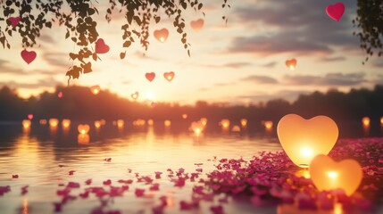 Fototapeta premium Heartfelt Sunset: A serene landscape with heart-shaped lanterns illuminating the water's surface as rose petals float on the calm lake. This magical scene paints a picture of love and romance.