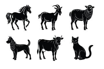 Animal silhouettes set. Domestic animals cat, dog, cow, horse, sheep, goat vector illustration