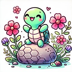 Obraz premium Cute and happy little cartoon baby turtle sitting on a rock surrounded by pretty flowers