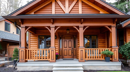 Obraz premium Rustic Wooden Log Cabin Home Exterior: Charming Porch and Wooden Details