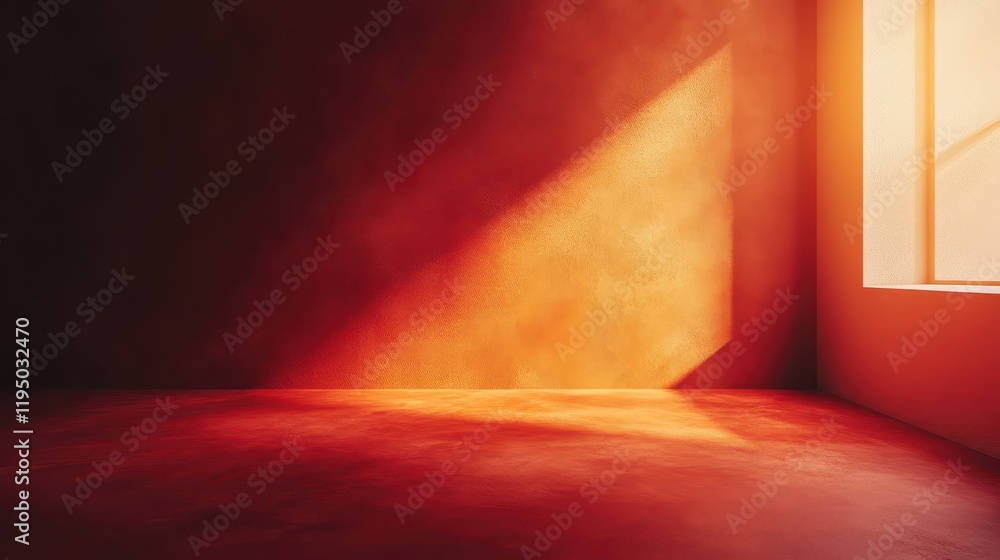 Poster warm matte terracotta gradient fills the room as sunlight streams through a large window, creating a