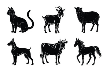 Animal silhouettes set. Domestic animals cat, dog, cow, horse, sheep, goat vector illustration