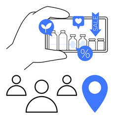 Smartphone browsing bottles with eco-friendly and sale icons, surrounded by people figures and a location pin. Ideal for e-commerce, sustainability, marketing, social media, tech, networking
