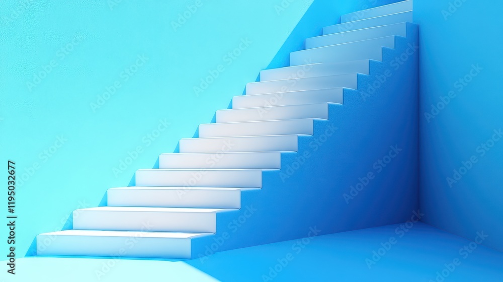 Poster Stairs lead upward in a minimalistic blue gradient space with soft lighting and a clean design that emphasizes simplicity and tranquility
