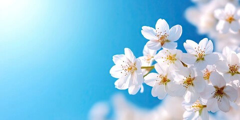Fototapeta premium White cherry blossom flowers in full bloom with vibrant yellow centers against a soft blue gradient background ideal for promotional use