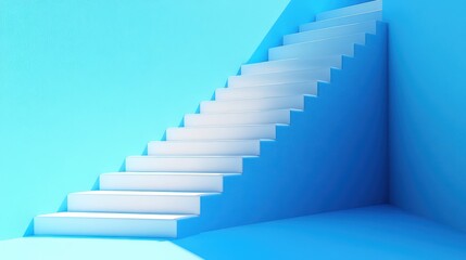 Stairs lead upward in a minimalistic blue gradient space with soft lighting and a clean design that emphasizes simplicity and tranquility