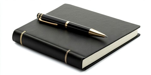 Elegant black notebook with gold accents positioned upright on a white background, accompanied by a sleek black and gold pen on top.