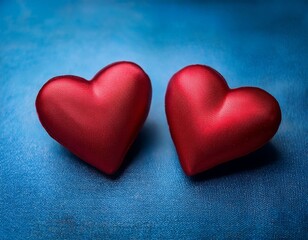 Obraz premium two beautiful red hearts symbolizing love and affection on a textured blue background
