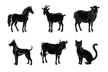 Animal silhouettes set. Domestic animals cat, dog, cow, horse, sheep, goat vector illustration