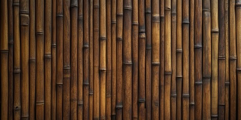 Bamboo wall texture showcasing a rich brown linear pattern with vertical bamboo stalks arranged closely together against a dark backdrop