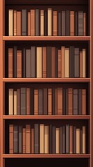 Organized bookshelves filled with various brown and beige books in a neat, cel-shaded vector art style, suitable for educational or decorative purposes