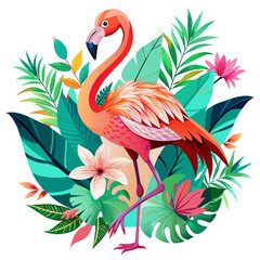 Flamingo with tropical leaves and flowers. Vector illustration in cartoon style.