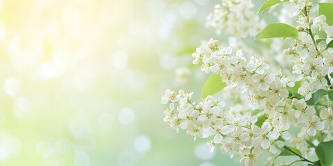 Blooming Prunus avium branches with delicate white flowers against a soft green gradient background creating a serene spring atmosphere