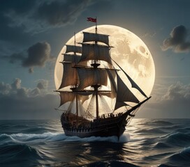 A medieval sailing ship at sea under a full moon with the waves gently lapping against its hull, with the sails billowing in the wind , medieval sailing ship, full moon, nautical