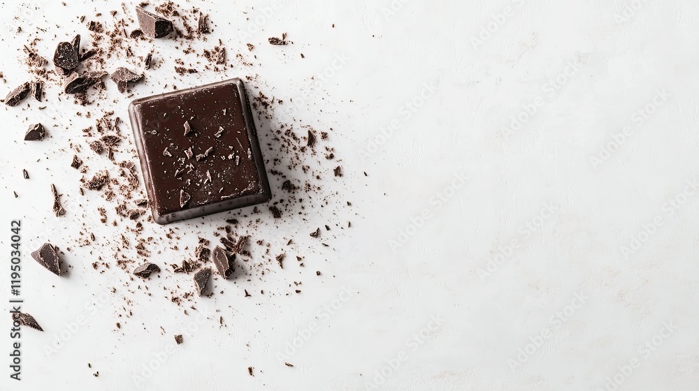Poster top view of a single dark chocolate square on a clean white background, simple and elegant design wi