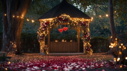 Fototapeta premium Romantic Gazebo at Night: A charming gazebo adorned with twinkling fairy lights, lush red floral arrangements.