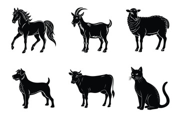 Animal silhouettes set. Domestic animals cat, dog, cow, horse, sheep, goat vector illustration