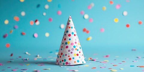 Colorful birthday hat with polka dots centered on a light blue backdrop surrounded by scattered confetti in varied colors creating a festive atmosphere