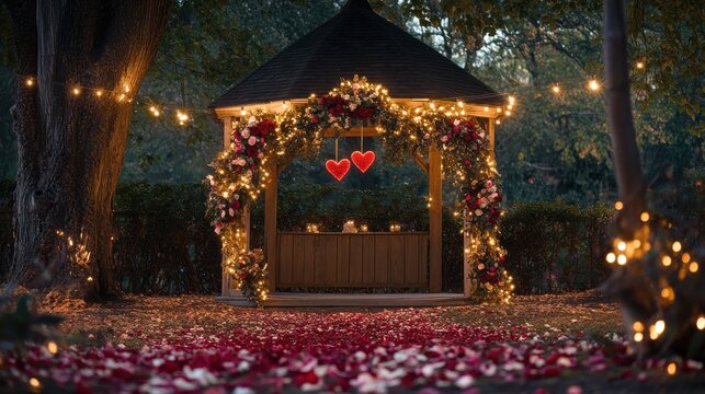 Romantic Gazebo at Night: A charming gazebo adorned with twinkling fairy lights, lush red floral arrangements.
