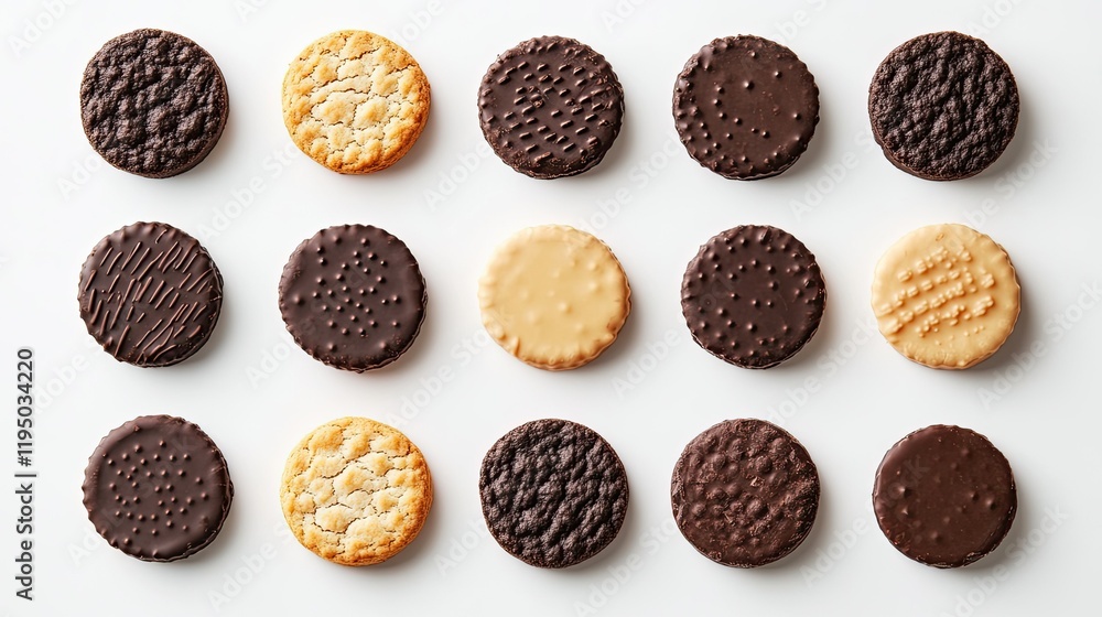 Poster top view of an array of chocolate-covered biscuits arranged on a white background, ideal for food br