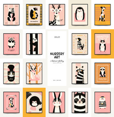 Abstract Childrens Room posters template with animals. Modern trendy Kids minimal style. Hand drawn design for wallpaper, wall decor, print, postcard, cover, template, banner.