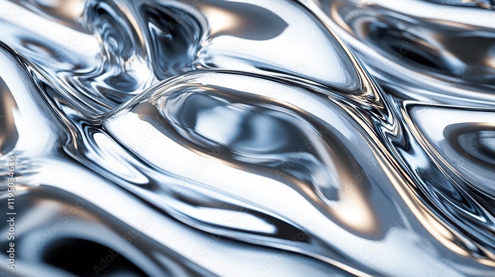 Poster polished metallic chrome surface reflecting light with smooth, seamless ripples and curves, creating