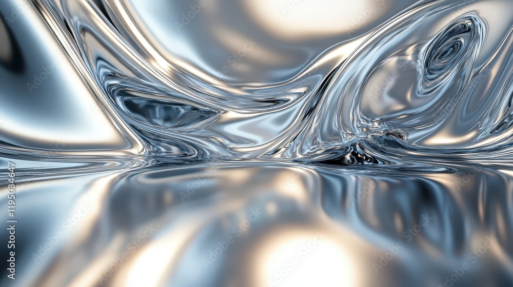 Poster polished metallic chrome surface flowing seamlessly under soft ambient light creating a reflective a