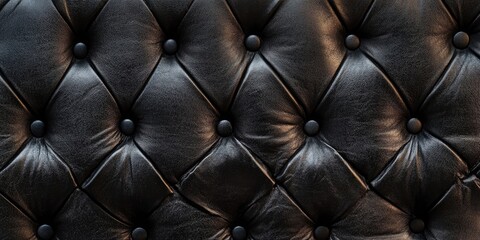Naklejka premium Black leather tufted surface in deep black tones featuring rounded buttons evenly spaced across the fabric creating a textured and elegant backdrop.