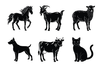 Animal silhouettes set. Domestic animals cat, dog, cow, horse, sheep, goat vector illustration