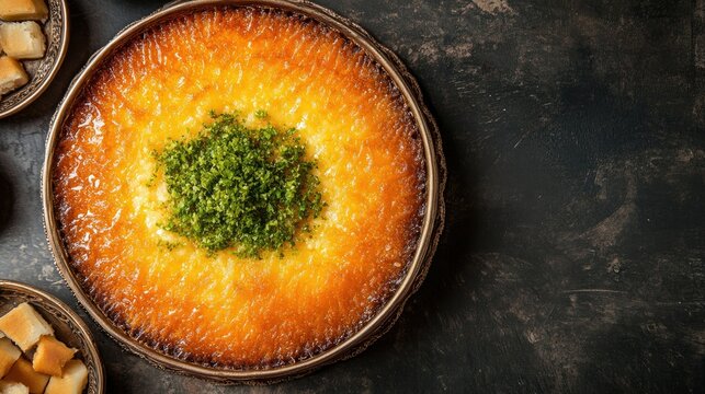 Top view of Arabian desserts like kunafa and basbousa for Munbon, arranged with traditional flair and free space