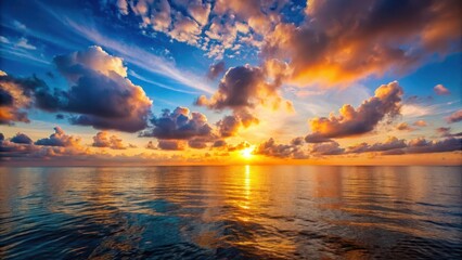 Fototapeta premium Sunset glow on the ocean horizon with a few clouds , sun rise, peaceful atmosphere, sun rise, peaceful atmosphere